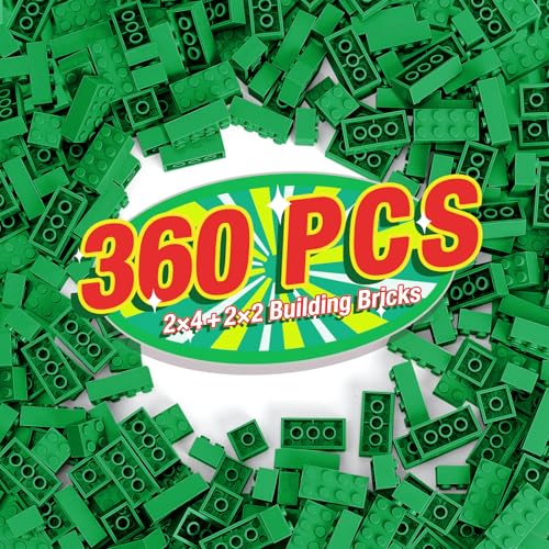 MANNIDOO 360 Pieces Building Bricks Classic Basic Flats Parts and Pieces 2x4 Brick x200 and 2x2 Brick x160 Moc Building Bulks Compatible with All Major Brands Green - Image 1