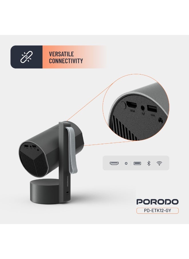 porodo Full HD Smart Projector with Auto Focus & Keystone/ 150" Ultra Wide Screen/Android/Speaker/ Bluetooth, HDMI, WiFi, USB / High-Resolution Projector for Office, Gaming, Movie, Home Theater - Grey  - Image 3