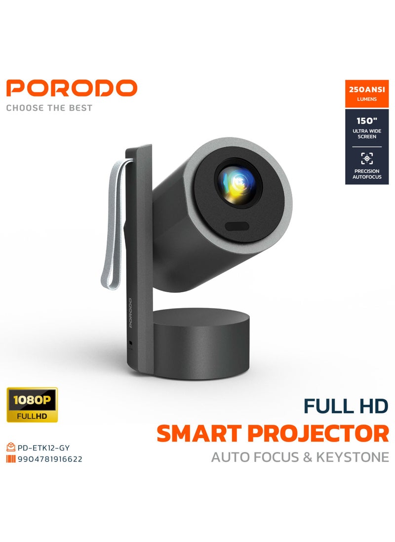 porodo Full HD Smart Projector with Auto Focus & Keystone/ 150" Ultra Wide Screen/Android/Speaker/ Bluetooth, HDMI, WiFi, USB / High-Resolution Projector for Office, Gaming, Movie, Home Theater - Grey  - Image 1