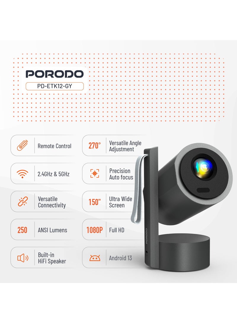 porodo Full HD Smart Projector with Auto Focus & Keystone/ 150" Ultra Wide Screen/Android/Speaker/ Bluetooth, HDMI, WiFi, USB / High-Resolution Projector for Office, Gaming, Movie, Home Theater - Grey - Image 2