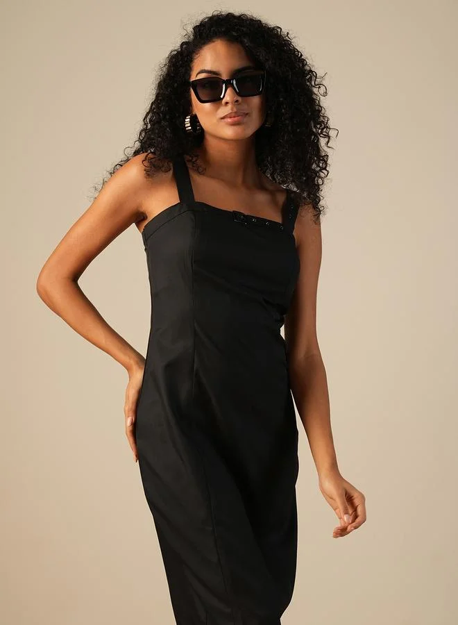 globus Women Black Solid Strappy Sheath Midi Dress with Buckle Detail