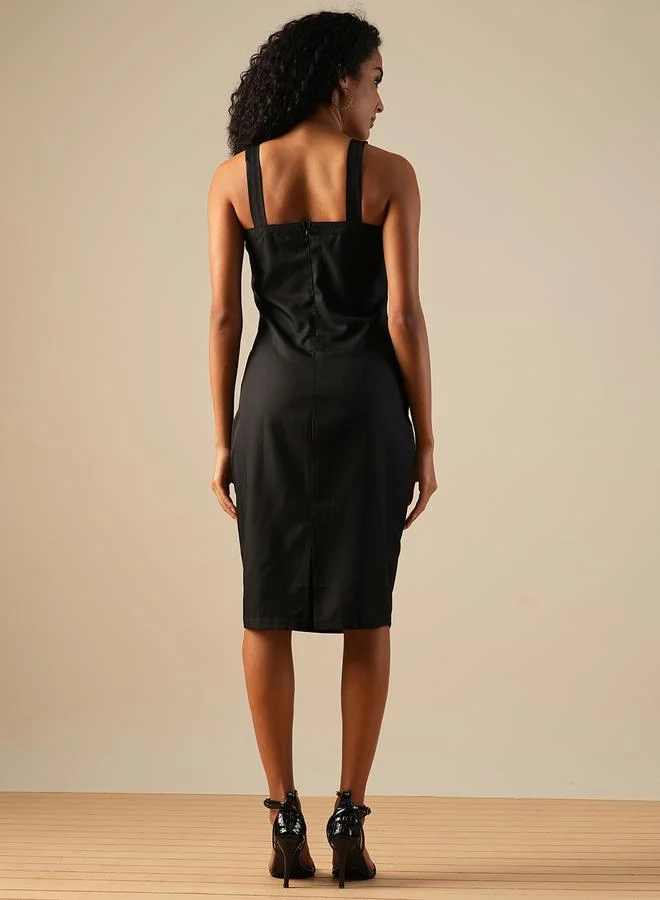 globus Women Black Solid Strappy Sheath Midi Dress with Buckle Detail
