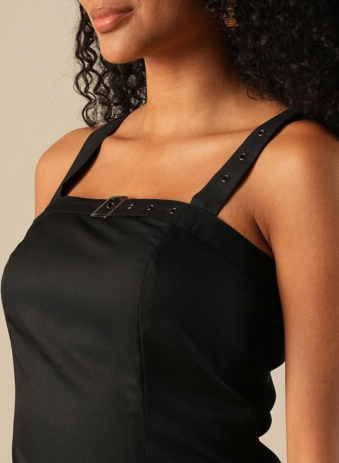 globus Women Black Solid Strappy Sheath Midi Dress with Buckle Detail