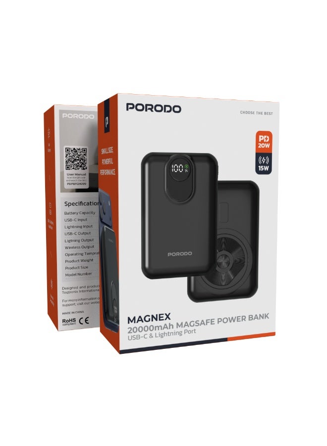 porodo Magnex 20000mAh MagSafe Power Bank PD 20W  / Fast Charging / Portable Wireless Charger / Lightning and Type-C Ports / Magnetic PowerBank - Black - Image 4