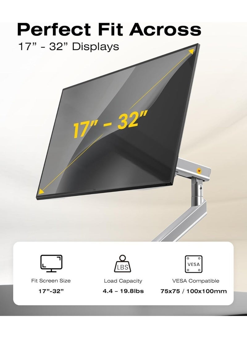 NB Ergonomic Smoovex™ Monitor Mount for 17 to 32 Inch Screens, Monitor Arm Load up to 9 kg, Mechanical Spring, Quick Installation Panel, VESA 75 & 100 mm (Silver, A5 Single Arm) - Image 4