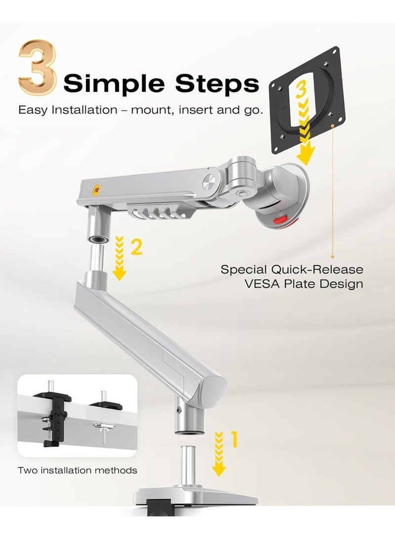 NB Ergonomic Smoovex™ Monitor Mount for 17 to 32 Inch Screens, Monitor Arm Load up to 9 kg, Mechanical Spring, Quick Installation Panel, VESA 75 & 100 mm (Silver, A5 Single Arm) - Image 5