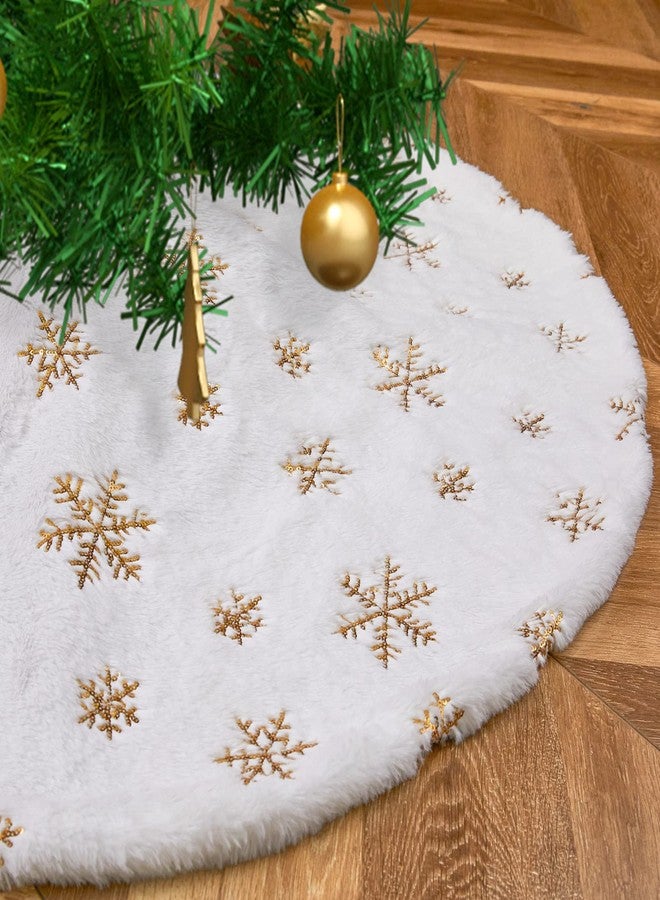 QueenDream Small Tree Skirt 24 Inches Christmas White Faux Fur Tree Skirts 4ft Mini Gold Sequin Snowflakes - Image 1