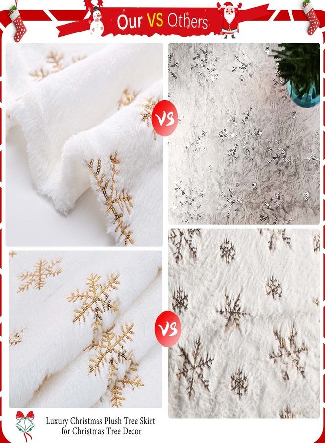 QueenDream Small Tree Skirt 24 Inches Christmas White Faux Fur Tree Skirts 4ft Mini Gold Sequin Snowflakes - Image 5