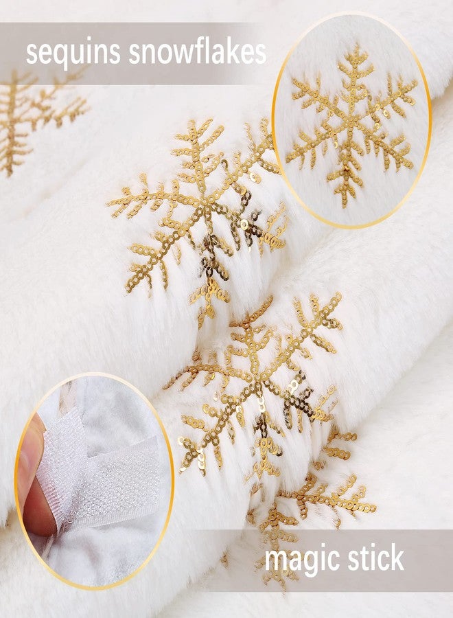 QueenDream Small Tree Skirt 24 Inches Christmas White Faux Fur Tree Skirts 4ft Mini Gold Sequin Snowflakes - Image 3