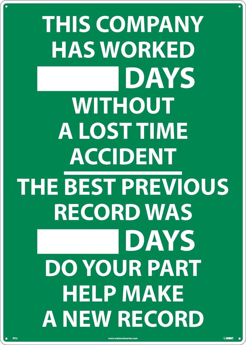 NMC WS2 THIS COMPANY HAS WORKED ___ DAYS WITHOUT A LOST TIME ACCIDENT Scoreboard - 20 in. x 28 in. Aluminum Safety Sign,Green - Image 1