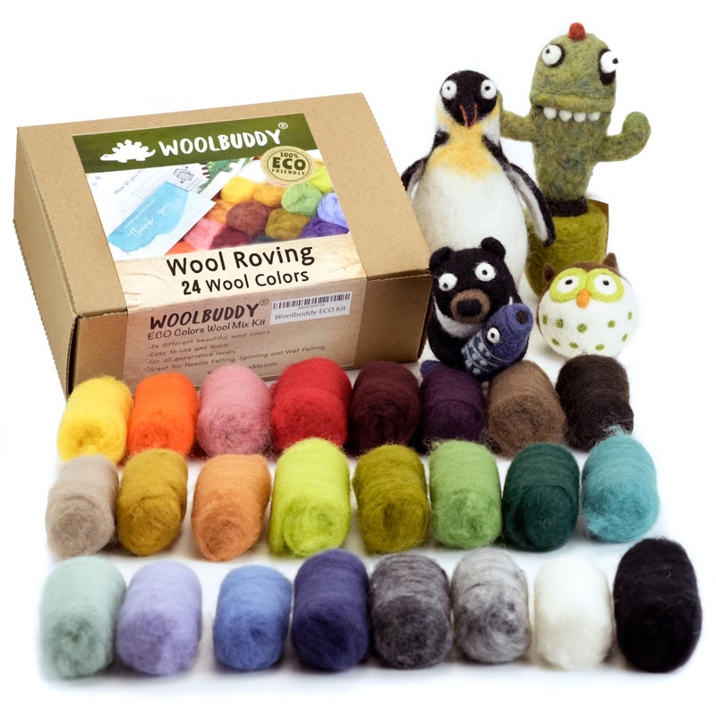 Woolbuddy Wool Roving Kit â€“ 24 Assorted Corriedale Colors with Felting Guide â€“ Premium Corriedale Wool for Needle & Wet Felting, Holiday Crafts & Handmade Gifts â€“ Natural Eco Wool Refill Set - Image 1