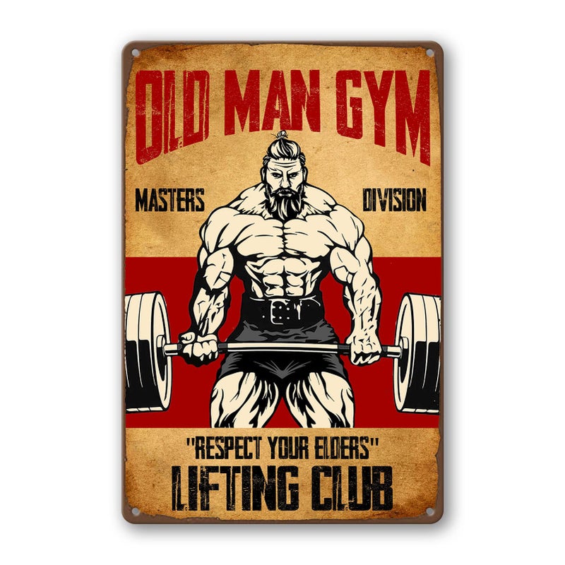 sebiuo Old Man Gym Tin Sign Weightlifting Signs For Home Gym Man Poster Decor Masters Division Respect Your Elders Fitness Man Metal Signs Poster Weightlifting Posters Home Art For Men Decor Sign 8x12 Inch - Image 1