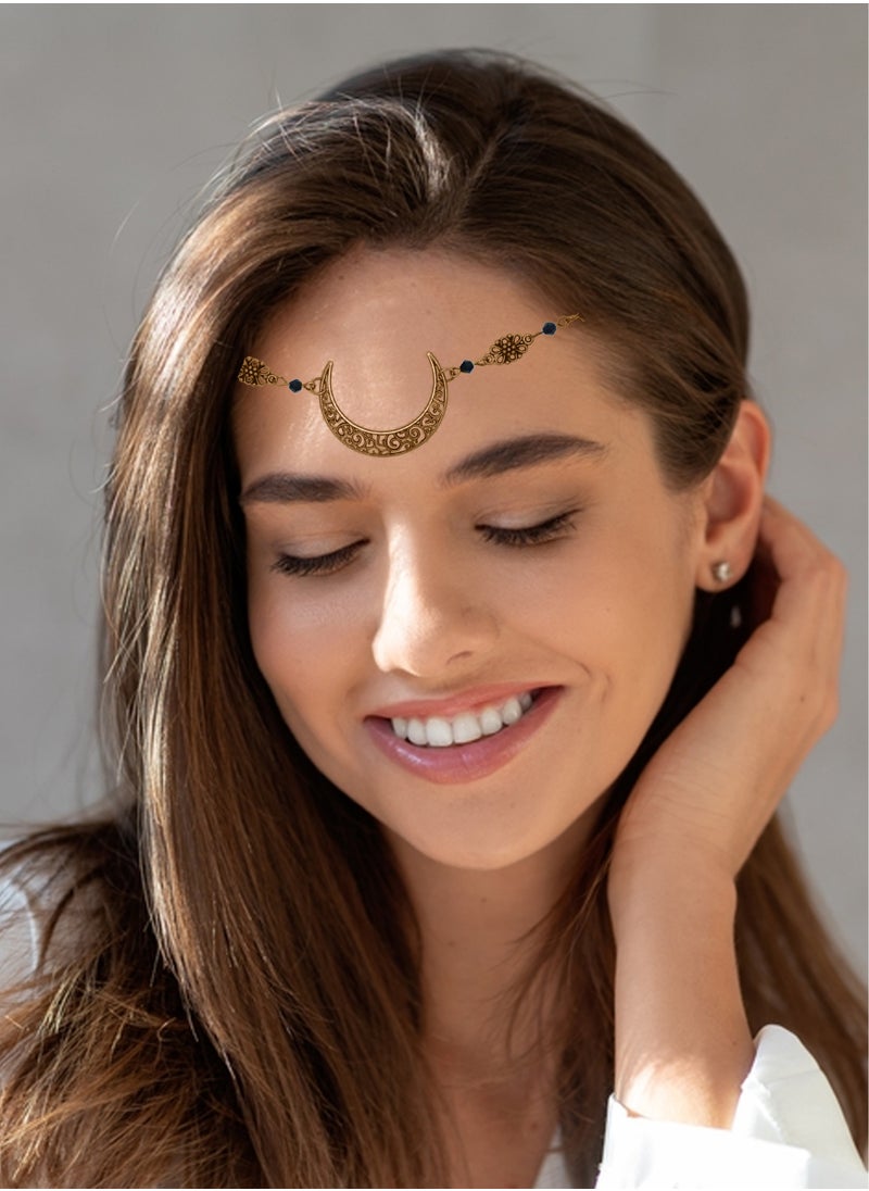 Estelle Moon Pattern Head Chain with Beads Versatile Hair Jewelry for Women Adjustable as Headband or Necklace Ideal for Parties Weddings and Casual Wear Elegant Bronze Black Crystal  Droplets Design  - Image 2