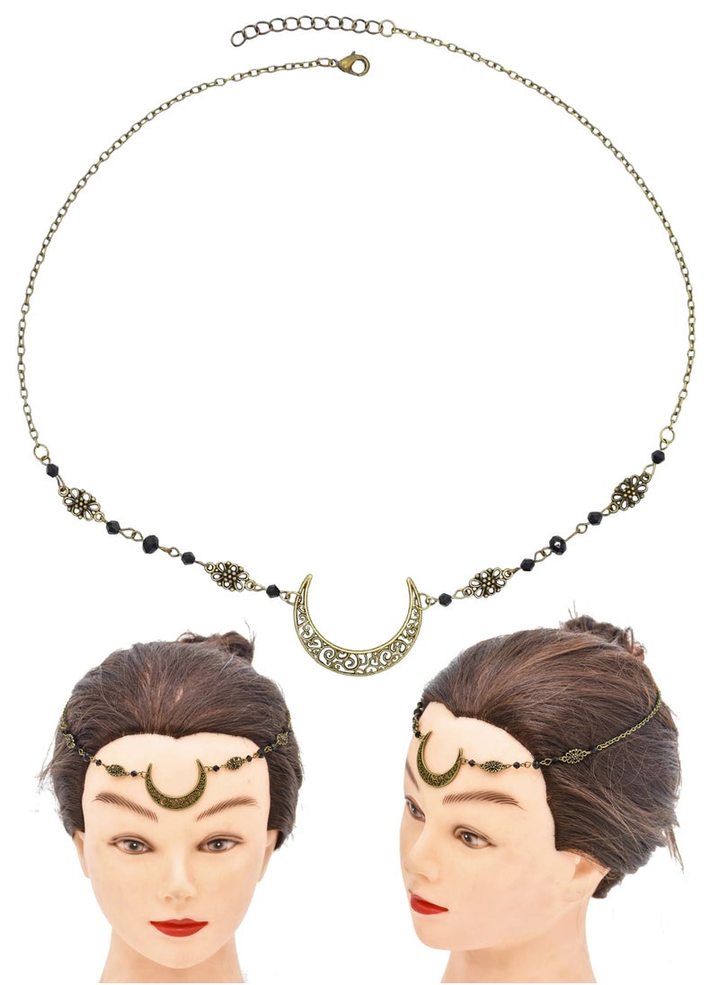Estelle Moon Pattern Head Chain with Beads Versatile Hair Jewelry for Women Adjustable as Headband or Necklace Ideal for Parties Weddings and Casual Wear Elegant Bronze Black Crystal  Droplets Design  - Image 3
