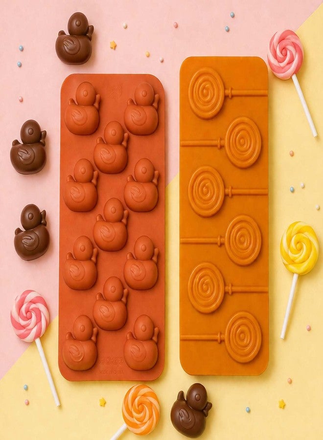 Go Hooked Set of 2 Silicone Chocolate Mould Duck 11 Cavity & Lollipop 6 Cavity | Flexible Non-Stick Candy Ice Cube Jelly Soap DIY Mold Tray | Food Grade BPA Free Baking Mould Set (Assorted Colour) - Image 1