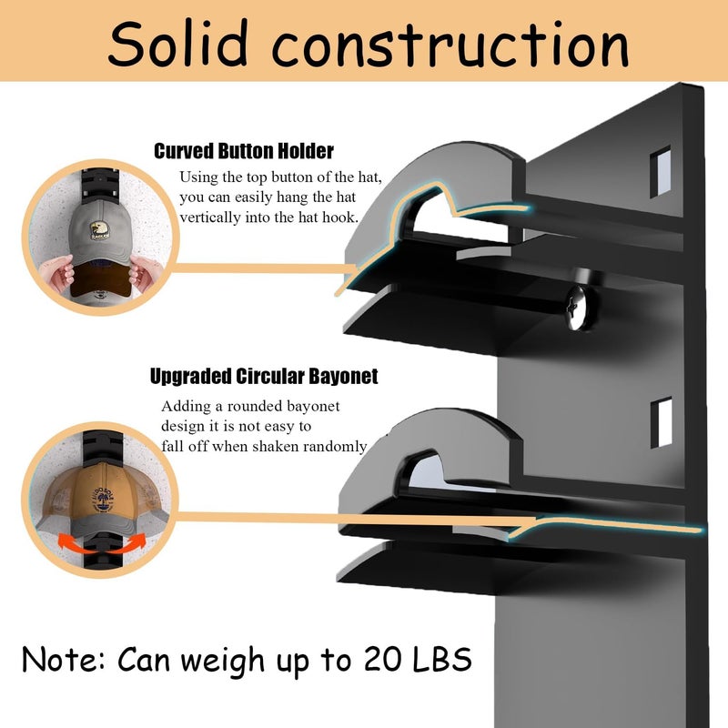 FAYYGYH Hat Organizer for Baseball Caps, Super Strong Hat Rack for Baseball Caps, Hat Hanger Holder Display for Door Closet, No Drilling Minimalist Hat Organizer Display for Home Decor (Black) - Image 2