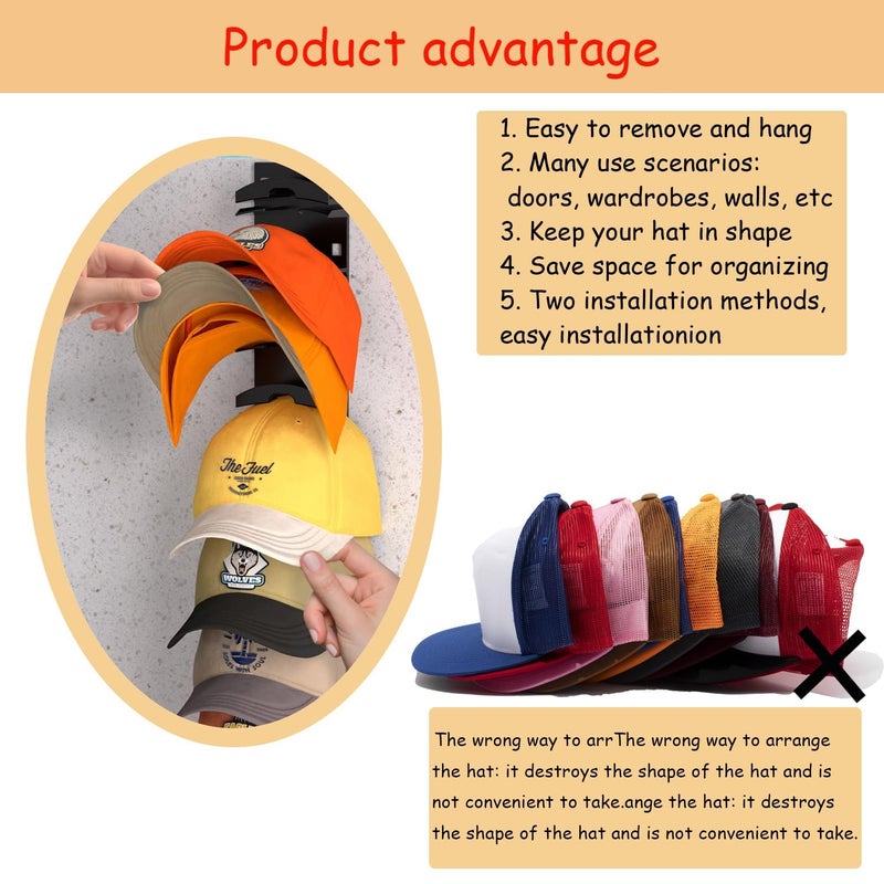 FAYYGYH Hat Organizer for Baseball Caps, Super Strong Hat Rack for Baseball Caps, Hat Hanger Holder Display for Door Closet, No Drilling Minimalist Hat Organizer Display for Home Decor (Black) - Image 5