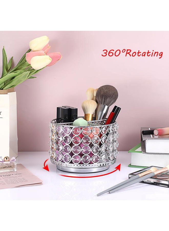 Hipiwe 4 Slot Crystal Makeup Brush Organizer Holder- 360 Rotating Cosmetic Brushes Display Organizer Remote Control Holder Multi-Functional Desk Organizer for Eyebrow Pen Pencil,Silver - Image 2