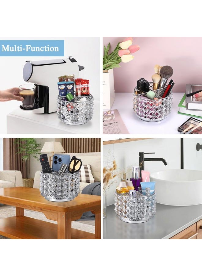 Hipiwe 4 Slot Crystal Makeup Brush Organizer Holder- 360 Rotating Cosmetic Brushes Display Organizer Remote Control Holder Multi-Functional Desk Organizer for Eyebrow Pen Pencil,Silver - Image 4