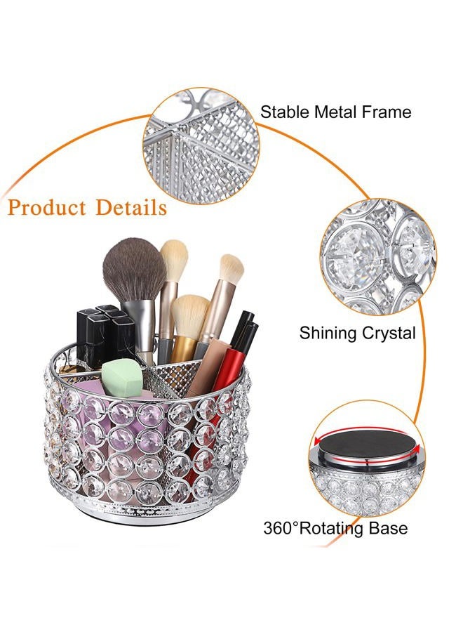 Hipiwe 4 Slot Crystal Makeup Brush Organizer Holder- 360 Rotating Cosmetic Brushes Display Organizer Remote Control Holder Multi-Functional Desk Organizer for Eyebrow Pen Pencil,Silver - Image 3