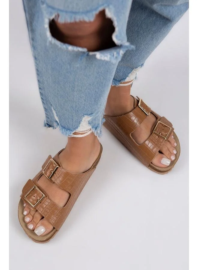 Croco Women's Genuine Leather Double Buckle Crocodile Taba Slipper.