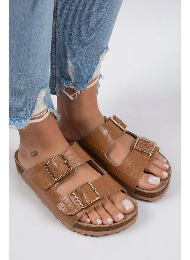Manijero  Croco Women's Genuine Leather Double Buckle Crocodile Taba Slipper. for Women | Best Price UAE