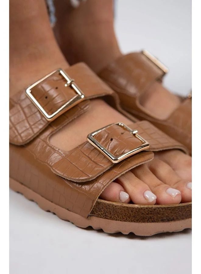 Manijero  Croco Women's Genuine Leather Double Buckle Crocodile Taba Slipper. for Women | Best Price UAE