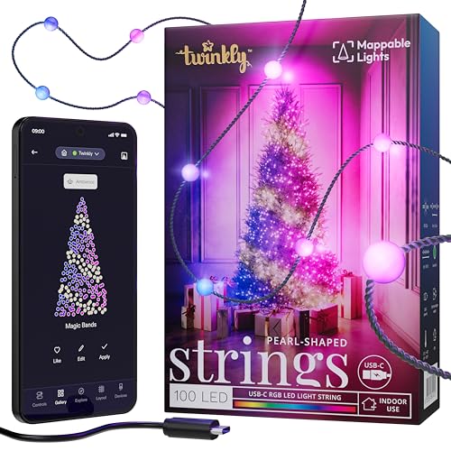 Twinkly Strings USB-C Pearl-Shaped Light String with 100 RGB LEDs. 20 Feet. Green Wire. App-Controlled. USB-C-Powered. Indoor Smart Home Lighting Decoration - Image 1