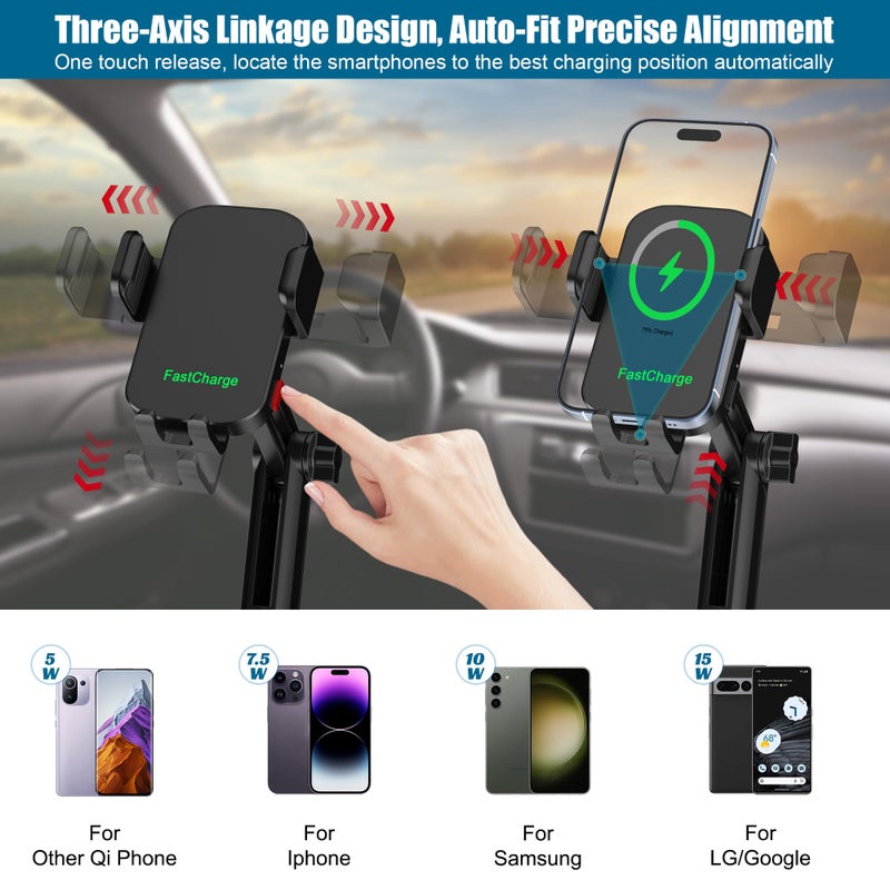 SAGRUILA Wireless Car Charger Phone Mount Cup Holder, 3 in 1 15W Fast Charging Auto Clamping Cup Holder Expander for Car, Phone Holders for Your Car CupHolder Wireless Charger Compatible for All Smartphones - Image 3