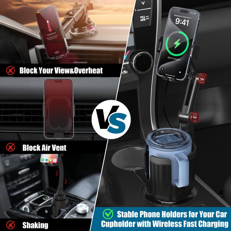 SAGRUILA Wireless Car Charger Phone Mount Cup Holder, 3 in 1 15W Fast Charging Auto Clamping Cup Holder Expander for Car, Phone Holders for Your Car CupHolder Wireless Charger Compatible for All Smartphones - Image 4