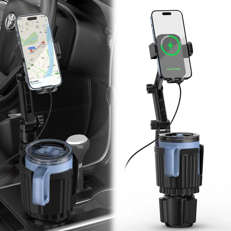 SAGRUILA Wireless Car Charger Phone Mount Cup Holder, 3 in 1 15W Fast Charging Auto Clamping Cup Holder Expander for Car, Phone Holders for Your Car CupHolder Wireless Charger Compatible for All Smartphones - Image 1