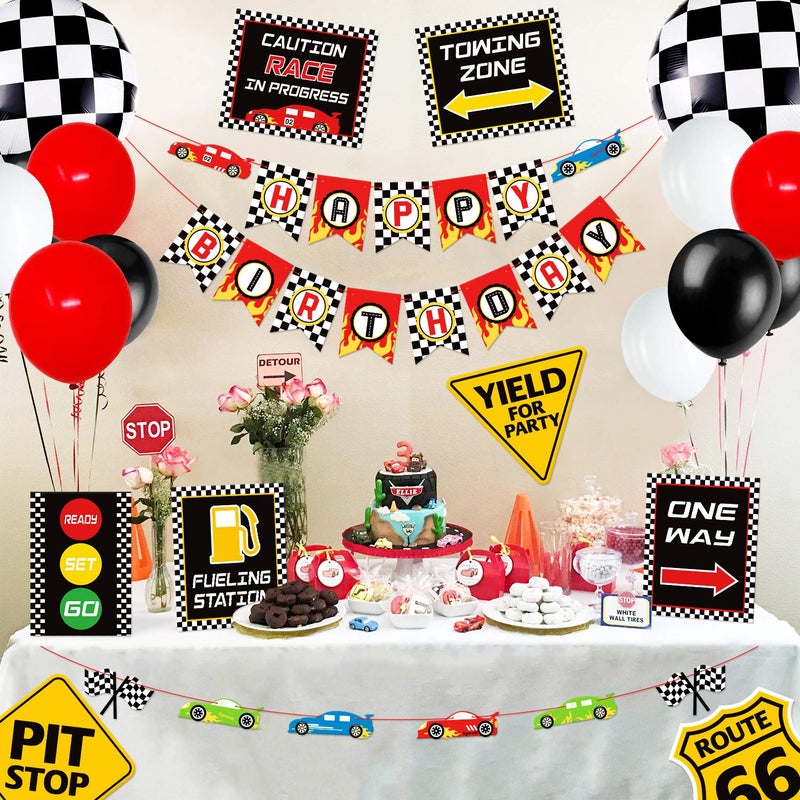 Bessmoso Race Car Party Decorations Cars Birthday Supplies Include Happy Birthday Banner, Checkered Flags Racing Signs, Balloons for Boys Race Fans Let's go Racing Party Supplies - Image 3
