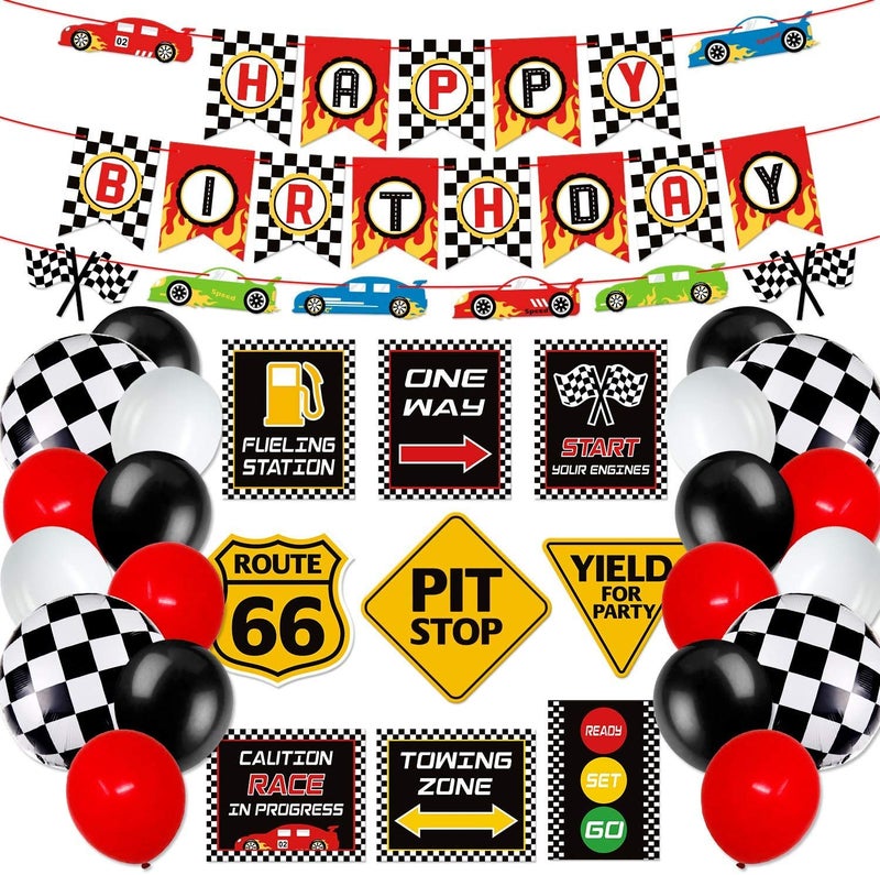 Bessmoso Race Car Party Decorations Cars Birthday Supplies Include Happy Birthday Banner, Checkered Flags Racing Signs, Balloons for Boys Race Fans Let's go Racing Party Supplies - Image 1
