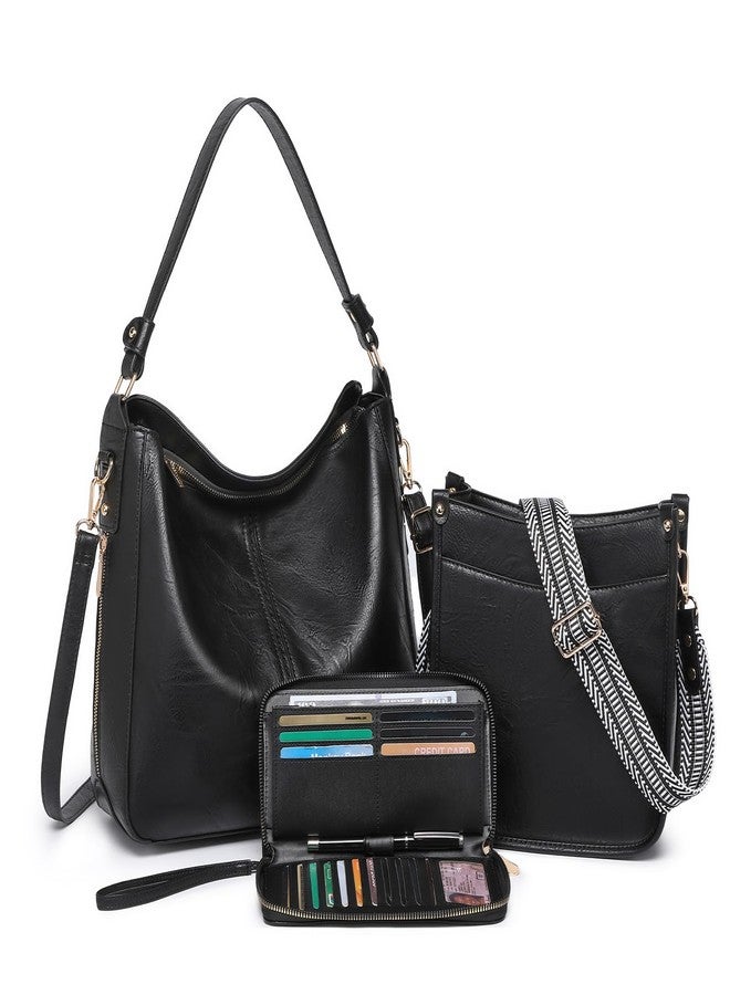 BAVERGE Purses for Women 3PCS, Crossbody Bags Large Leather Purse Shoulder Handbags with Wallet Adjustable Straps for Ladies Tote, Black - Image 1