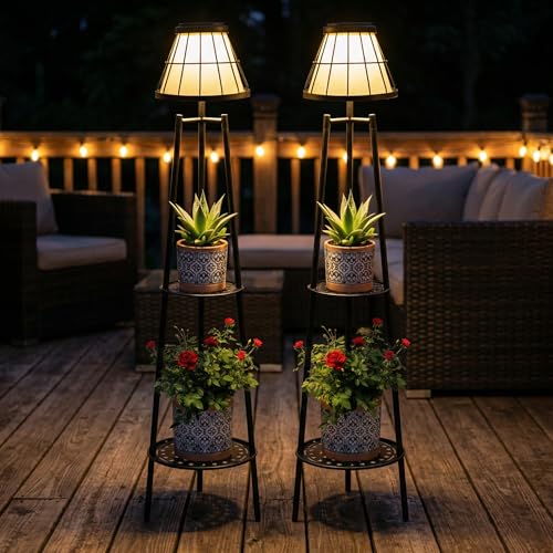 VISFLAIR 2 Pack Solar Floor Lamps Outdoor with 2-Tier Plant Stand, Metal Tall Planter Holder with Waterproof LED Lantern, Decorative Patio Light & Flower Pot Display Rack for Garden, Deck, Porch, Balcony - Image 1