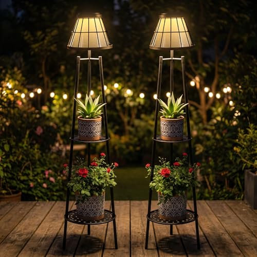 VISFLAIR 2 Pack Solar Floor Lamps Outdoor with 2-Tier Plant Stand, Metal Tall Planter Holder with Waterproof LED Lantern, Decorative Patio Light & Flower Pot Display Rack for Garden, Deck, Porch, Balcony - Image 4