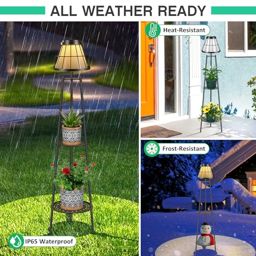 VISFLAIR 2 Pack Solar Floor Lamps Outdoor with 2-Tier Plant Stand, Metal Tall Planter Holder with Waterproof LED Lantern, Decorative Patio Light & Flower Pot Display Rack for Garden, Deck, Porch, Balcony - Image 5