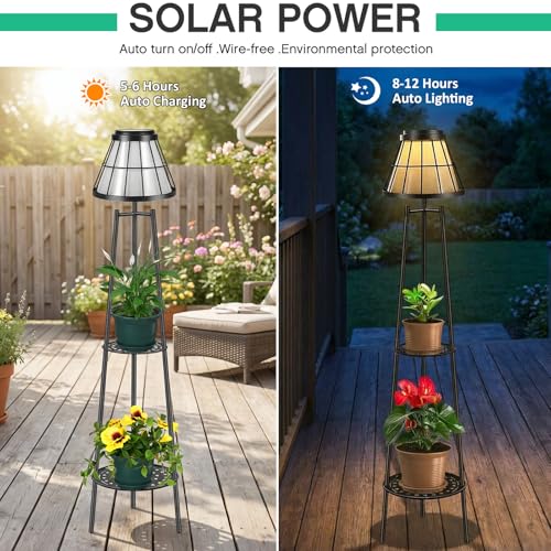 VISFLAIR 2 Pack Solar Floor Lamps Outdoor with 2-Tier Plant Stand, Metal Tall Planter Holder with Waterproof LED Lantern, Decorative Patio Light & Flower Pot Display Rack for Garden, Deck, Porch, Balcony - Image 2