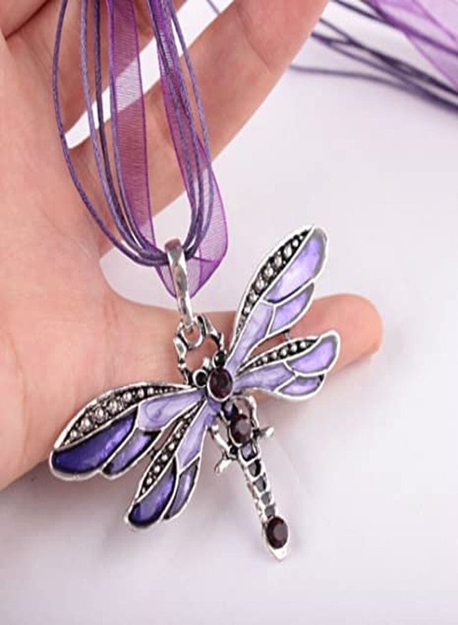 Pingyongchang H&Z Fashion Creative Bohemian Jewelry Ethnic Multi-layer Chain Colorful Enamel Dragonfly Pendant Necklace -Purple - Image 2