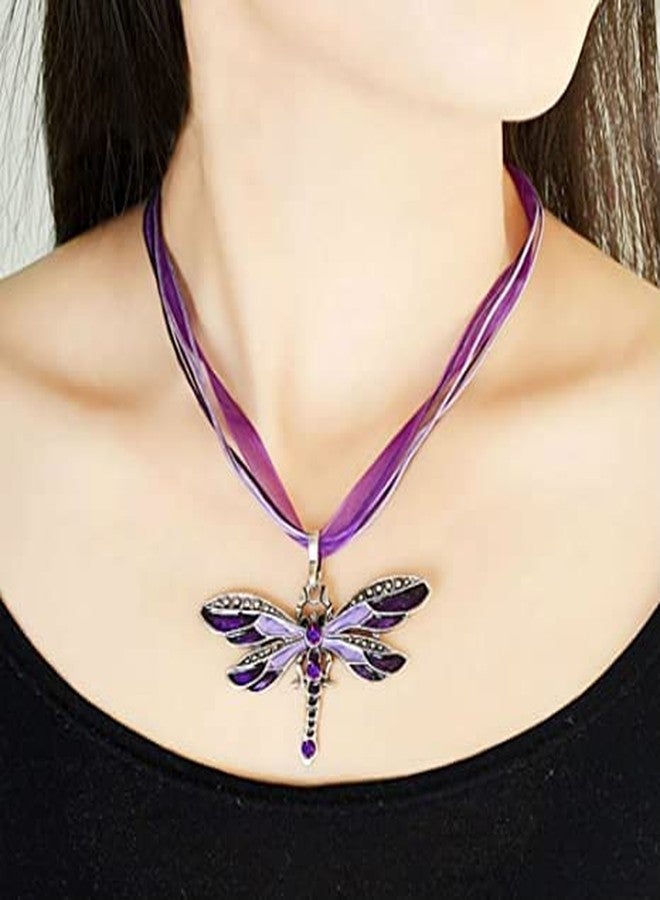 Pingyongchang H&Z Fashion Creative Bohemian Jewelry Ethnic Multi-layer Chain Colorful Enamel Dragonfly Pendant Necklace -Purple - Image 5