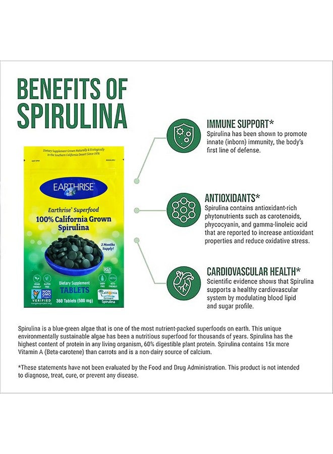 Earthrise Superfood 100% California Grown Spirulina 500mg Tablets (360 Count), Natural Premium Spirulina, Vegan, Gluten Free, Keto Friendly, Non -GMO, High in Vitamins & Minerals - Image 3