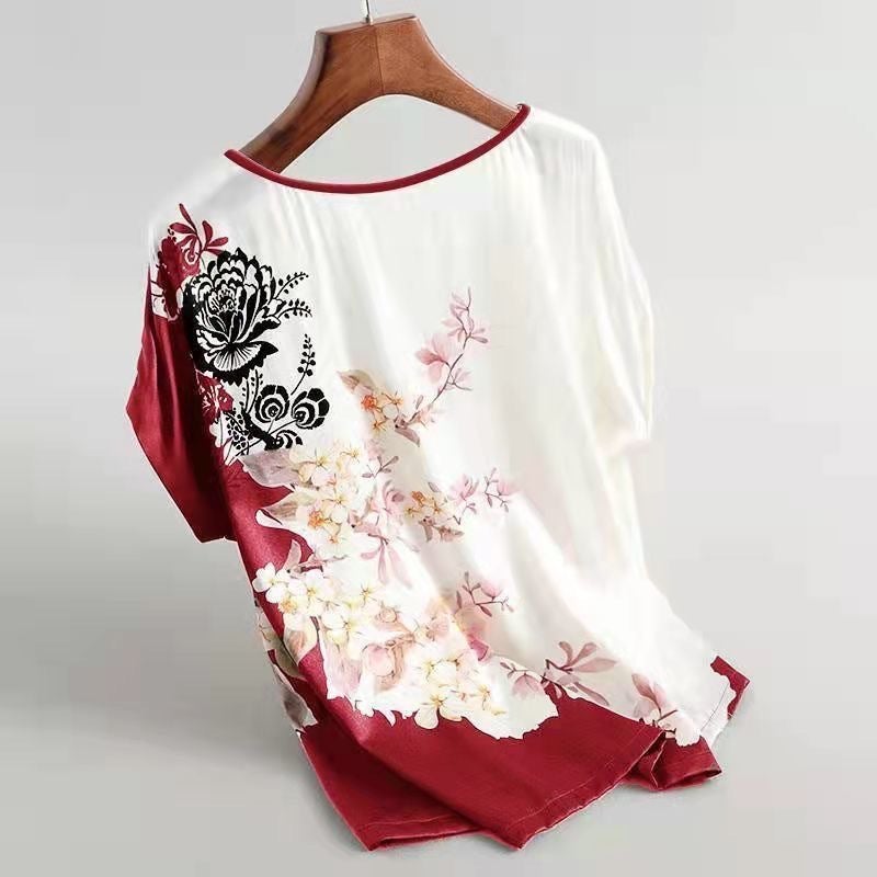 Cross-Border Ice Silk T-Shirt 2025 Women's Summer New Printed Middle-Aged and Elderly Mother's Tops Loose Belly-Covering Bottoming Shirt - Image 5