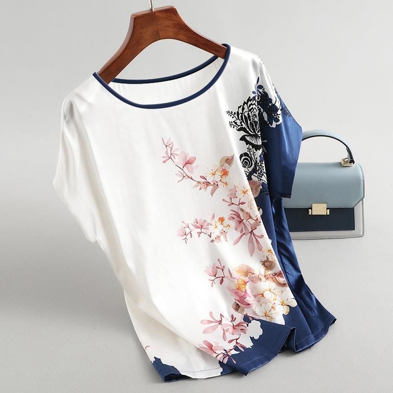 Cross-Border Ice Silk T-Shirt 2025 Women's Summer New Printed Middle-Aged and Elderly Mother's Tops Loose Belly-Covering Bottoming Shirt - Image 3