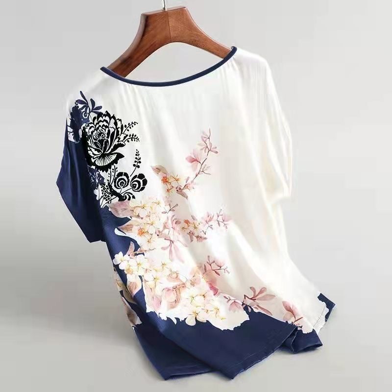 Cross-Border Ice Silk T-Shirt 2025 Women's Summer New Printed Middle-Aged and Elderly Mother's Tops Loose Belly-Covering Bottoming Shirt - Image 4