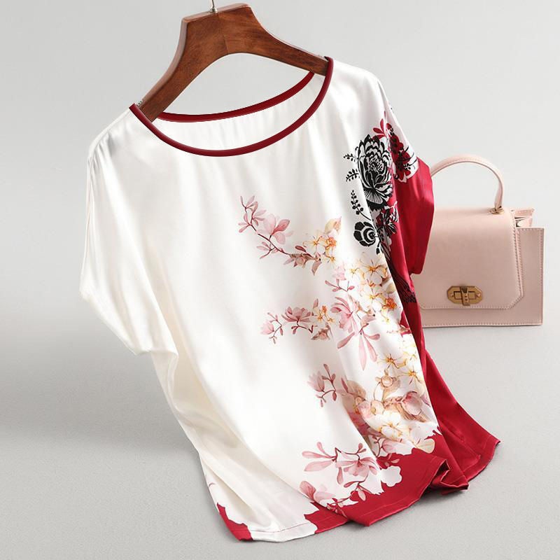 Cross-Border Ice Silk T-Shirt 2025 Women's Summer New Printed Middle-Aged and Elderly Mother's Tops Loose Belly-Covering Bottoming Shirt - Image 2