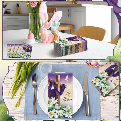 Chiisong 200 Pcs Easter Paper Napkins Bulks He Is Risen Napkins Disposable Spring Lily Purple Easter Bunny Egg Guest Paper Hand Towel for Home Family Dinner Bathroom - Image 5