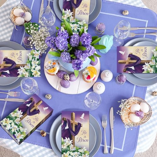 Chiisong 200 Pcs Easter Paper Napkins Bulks He Is Risen Napkins Disposable Spring Lily Purple Easter Bunny Egg Guest Paper Hand Towel for Home Family Dinner Bathroom - Image 4