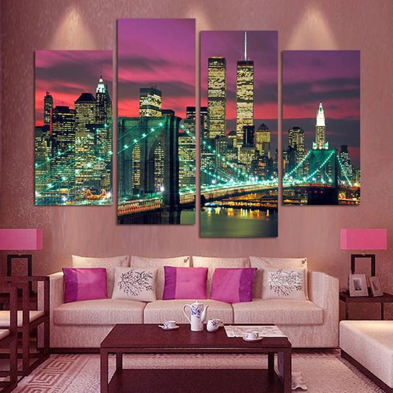 2pcs Canvas Wall Art Modern Landscape Oil Paintings Bridge Night Scene Picture for Home Living Room Bedroom Decor - Image 3