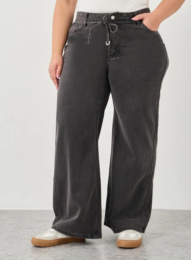 Styli Styli Plus Wide Leg Jeans with Self Tie-Waist