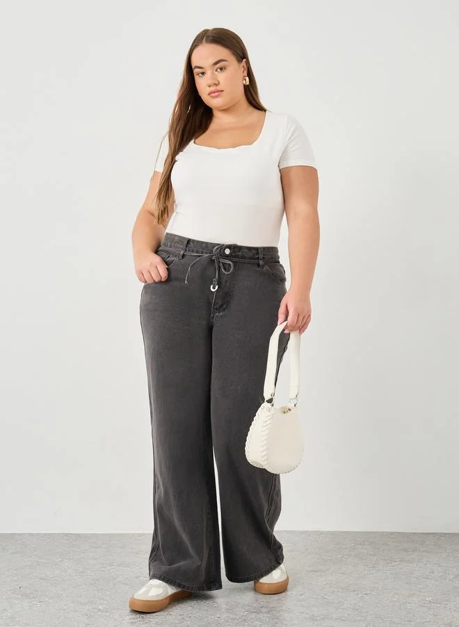 Styli Styli Plus Wide Leg Jeans with Self Tie-Waist